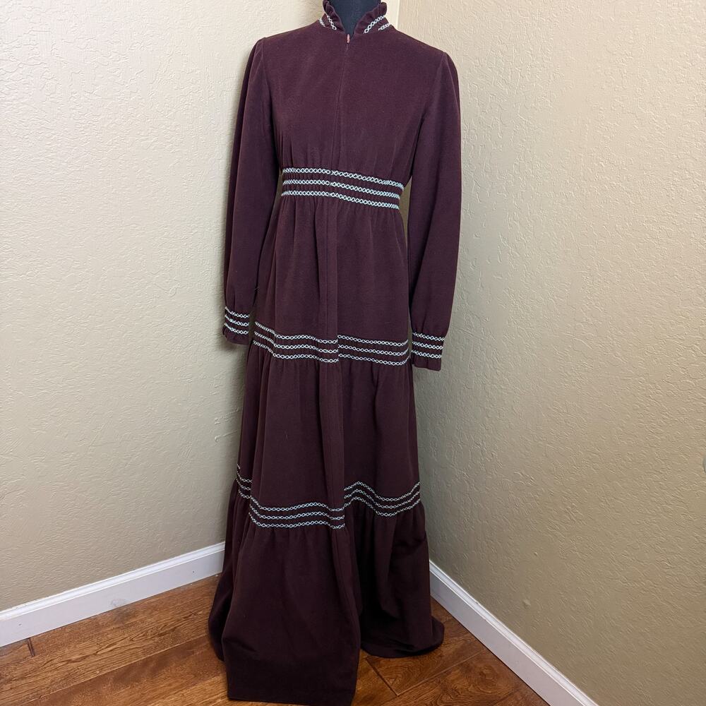 Julie Turo Brown Maxi Dress Blue Trim Prairie Zip Front Long Sleeve USA
